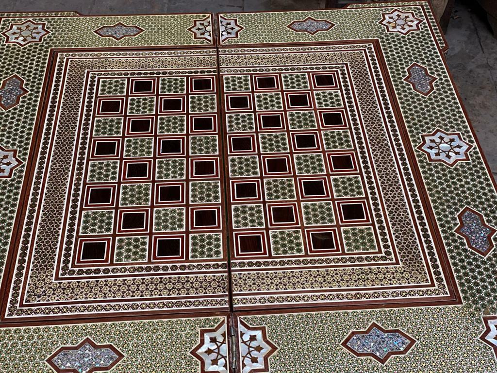 Handmade Game Table Chess Backgammon Board Mother of Pearl Inlay, Board Game