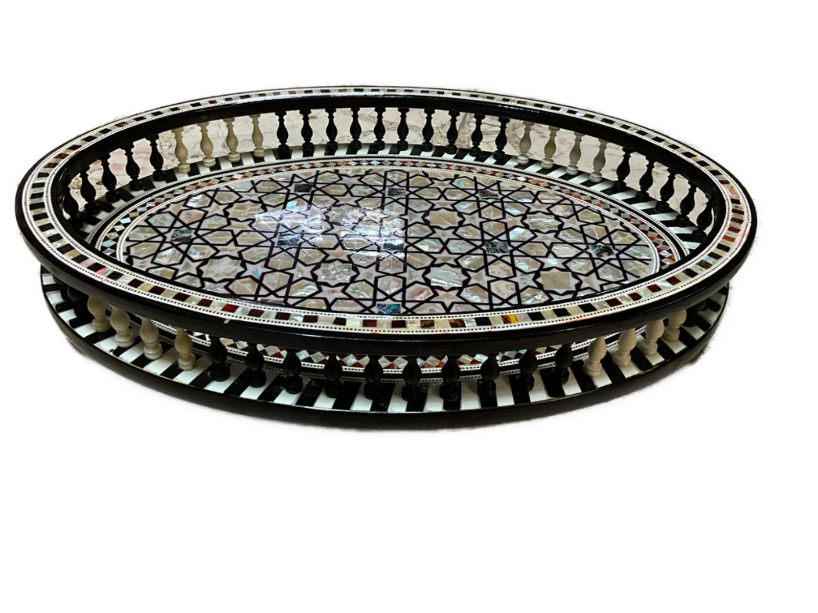 Antique Handmade Serving Tray Wood inlaid Mother of Pearl (16"x11.2")