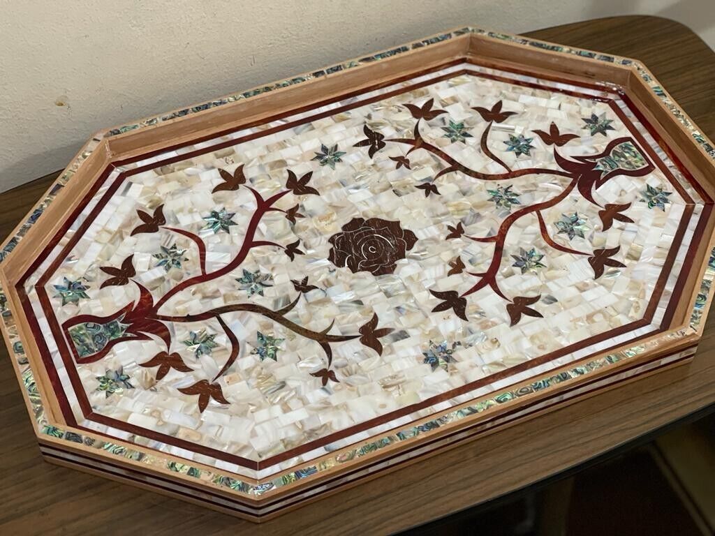 Handmade, Wood Tray, Antique Serving Tray, Inlaid Serving Tray, Mother of Pearl