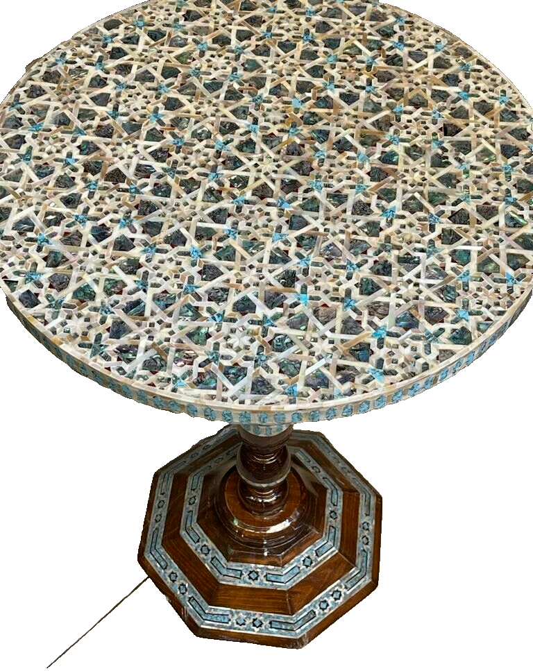 Handmade Wooden End Table Carving Wood Table Home Decor Mother of Pearl Inlay