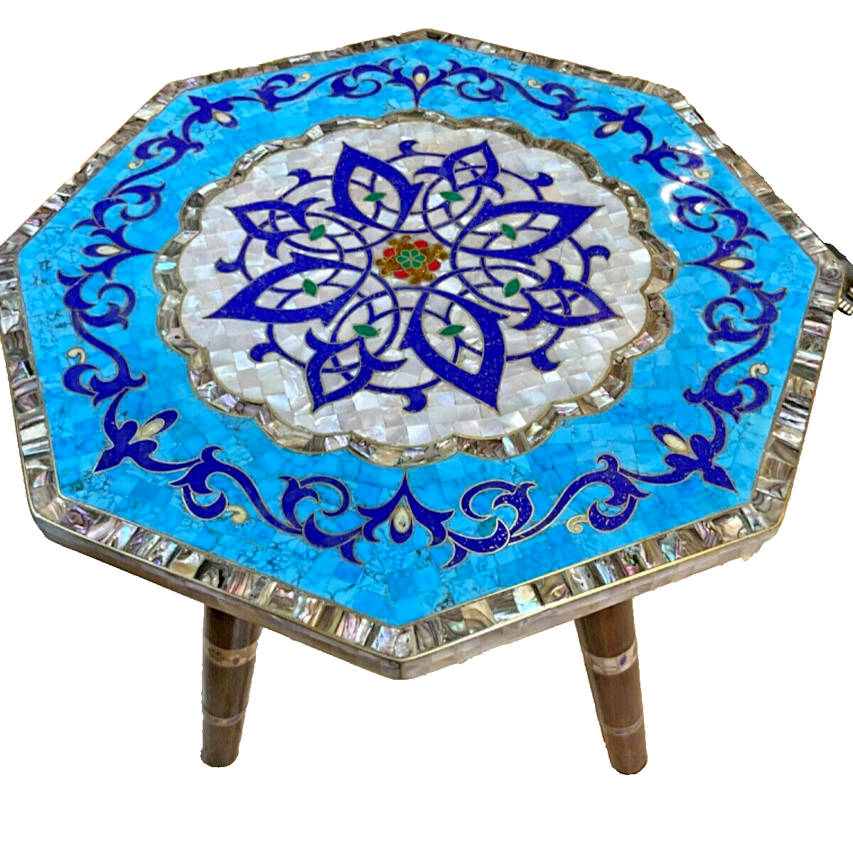 Handmade Wooden End Table Carving Wood Table Home Decor Mother of Pearl Inlay