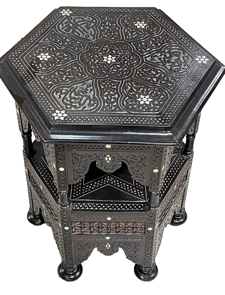 Handmade Wooden End Table Carving Wood Table Home Decor Mother of Pearl Inlay