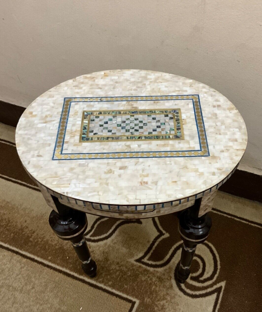 Handmade Wooden End Table Carving Wood Table Home Decor Mother of Pearl Inlay