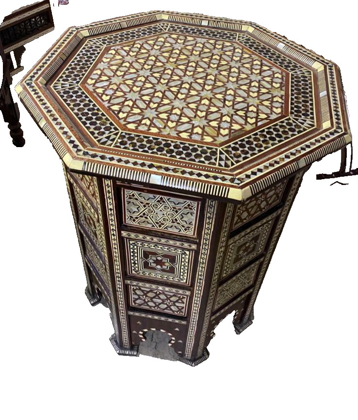 Handmade Wooden End Table Carving Wood Table Home Decor Mother of Pearl Inlay