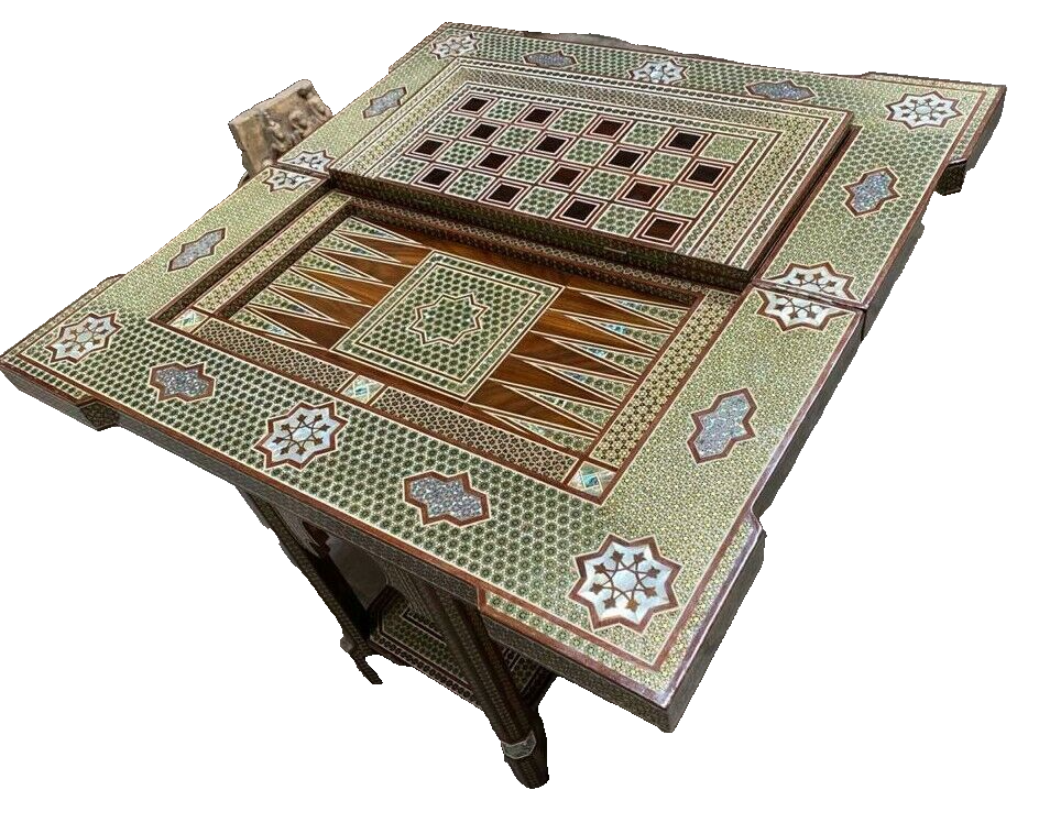 Handmade Game Table Chess Backgammon Board Mother of Pearl Inlay, Board Game