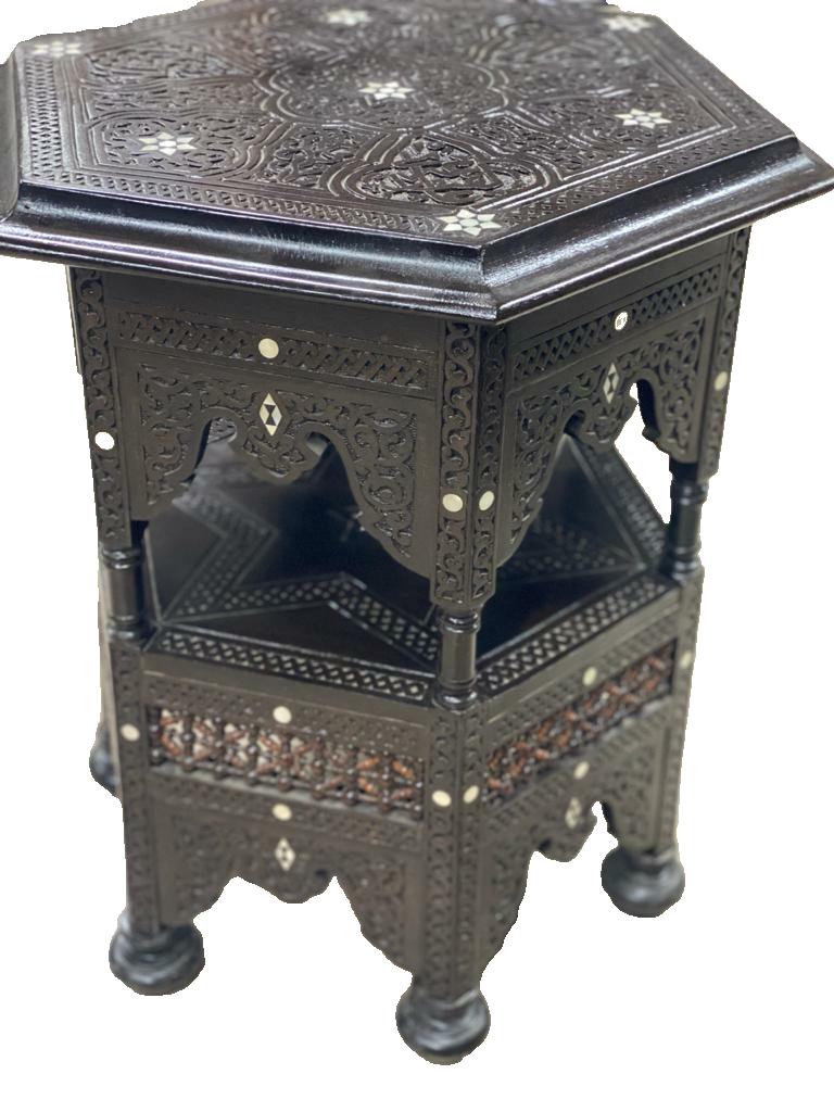 Handmade Wooden End Table Carving Wood Table Home Decor Mother of Pearl Inlay