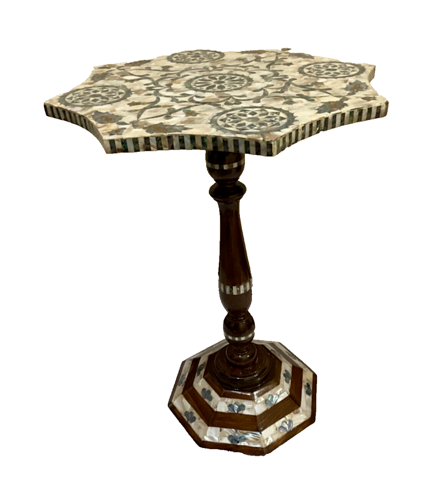 Handmade Wooden End Table Carving Wood Table Home Decor Mother of Pearl Inlay