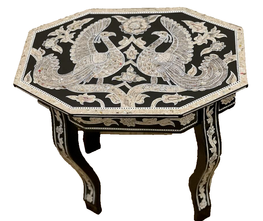 Handmade Wooden End Table Carving Wood Table Home Decor Mother of Pearl Inlay