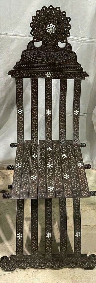 Handmade, Antique Unique Corner Set, Carved Wood, 2 Chairs, Table, Inlaid Shell