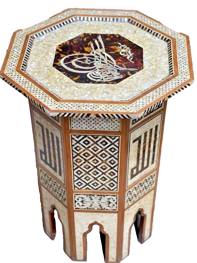 Handmade Wooden End Table Carving Wood Table Home Decor Mother of Pearl Inlay