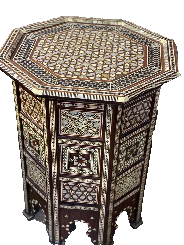 Handmade Wooden End Table Carving Wood Table Home Decor Mother of Pearl Inlay