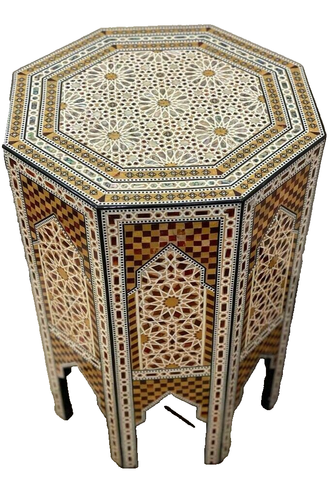 Handmade Wooden End Table Carving Wood Table Home Decor Mother of Pearl Inlay