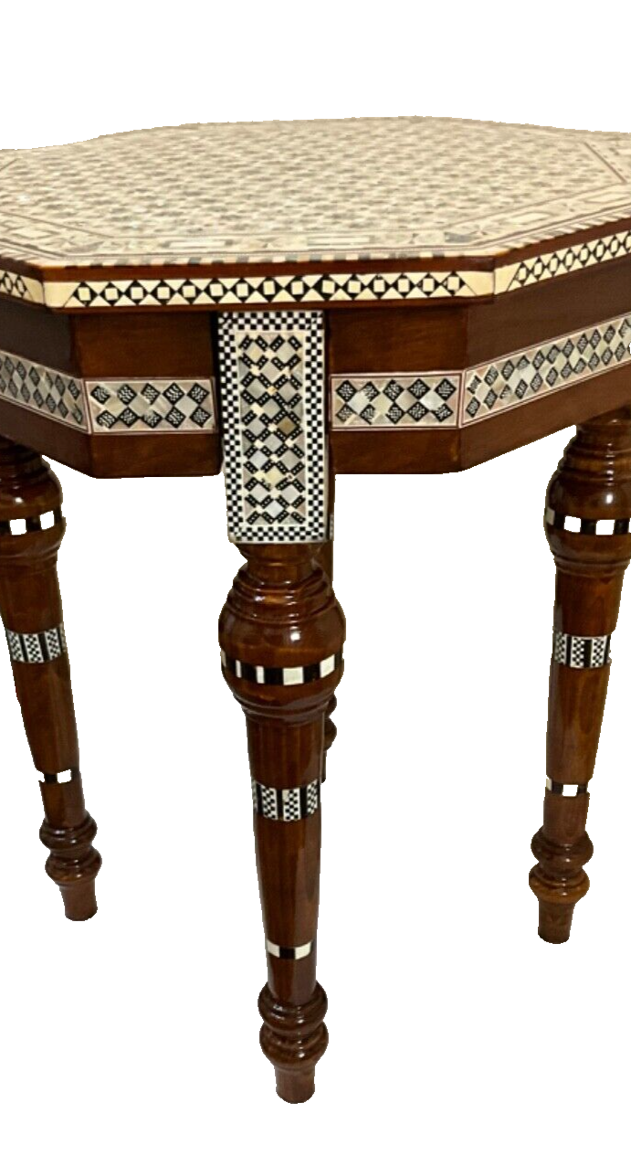 Handmade Wooden End Table Carving Wood Table Home Decor Mother of Pearl Inlay