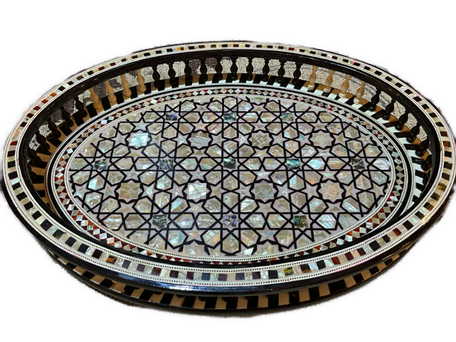 Antique Handmade Serving Tray Wood inlaid Mother of Pearl (16"x11.2")