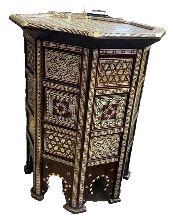 Handmade Wooden End Table Carving Wood Table Home Decor Mother of Pearl Inlay