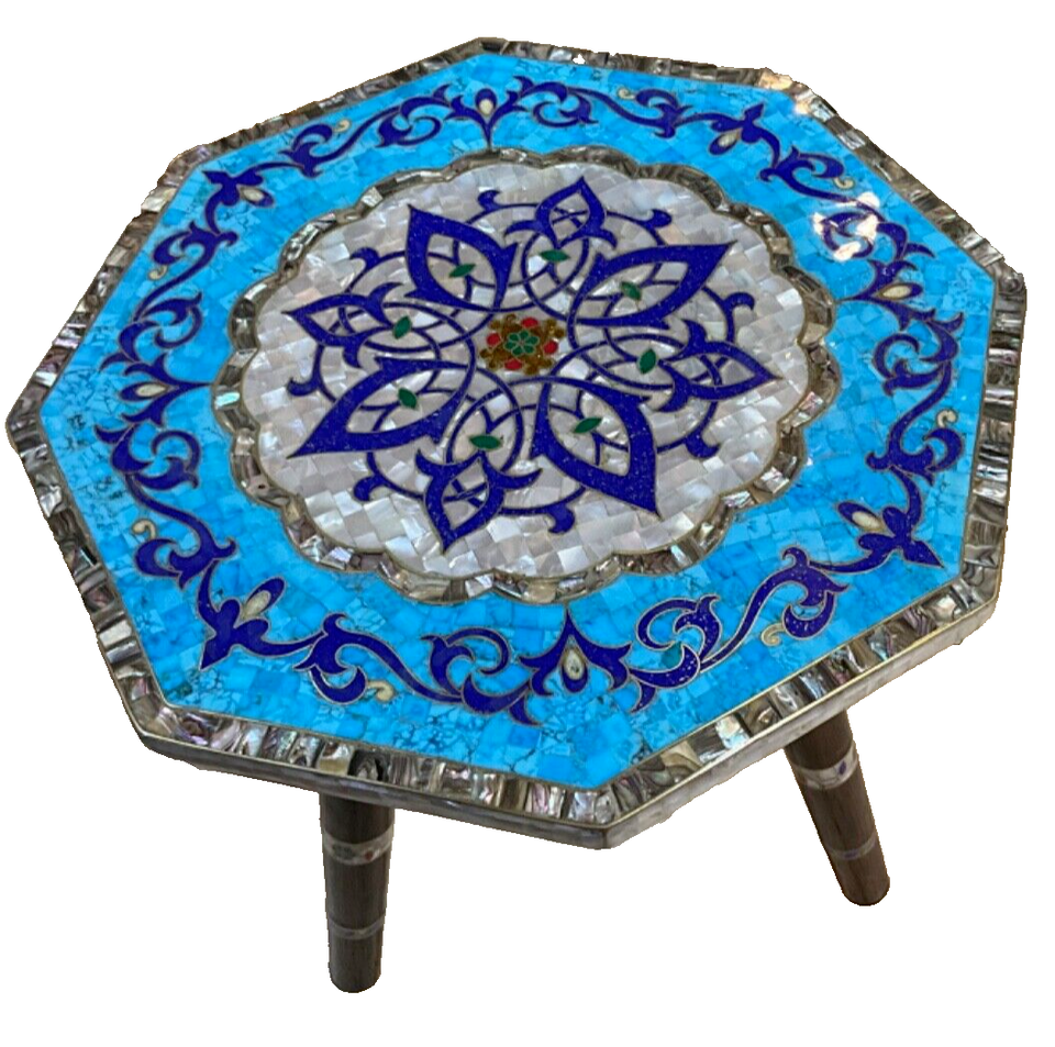 Handmade Wooden End Table Carving Wood Table Home Decor Mother of Pearl Inlay