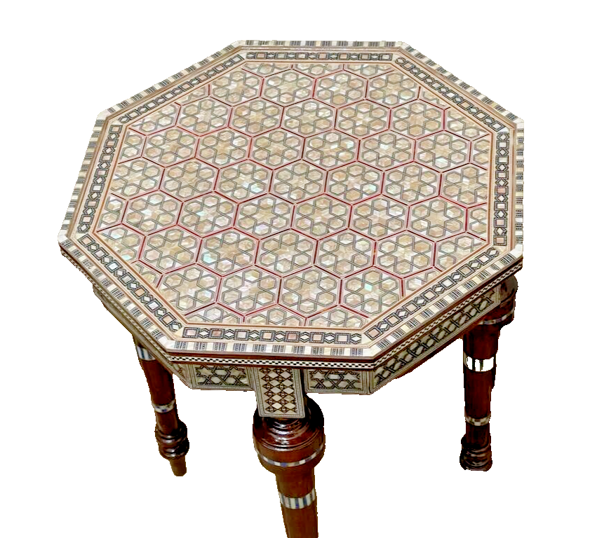 Handmade Wooden End Table Carving Wood Table Home Decor Mother of Pearl Inlay