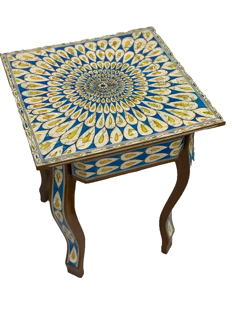 Handmade Wooden End Table Carving Wood Table Home Decor Mother of Pearl Inlay