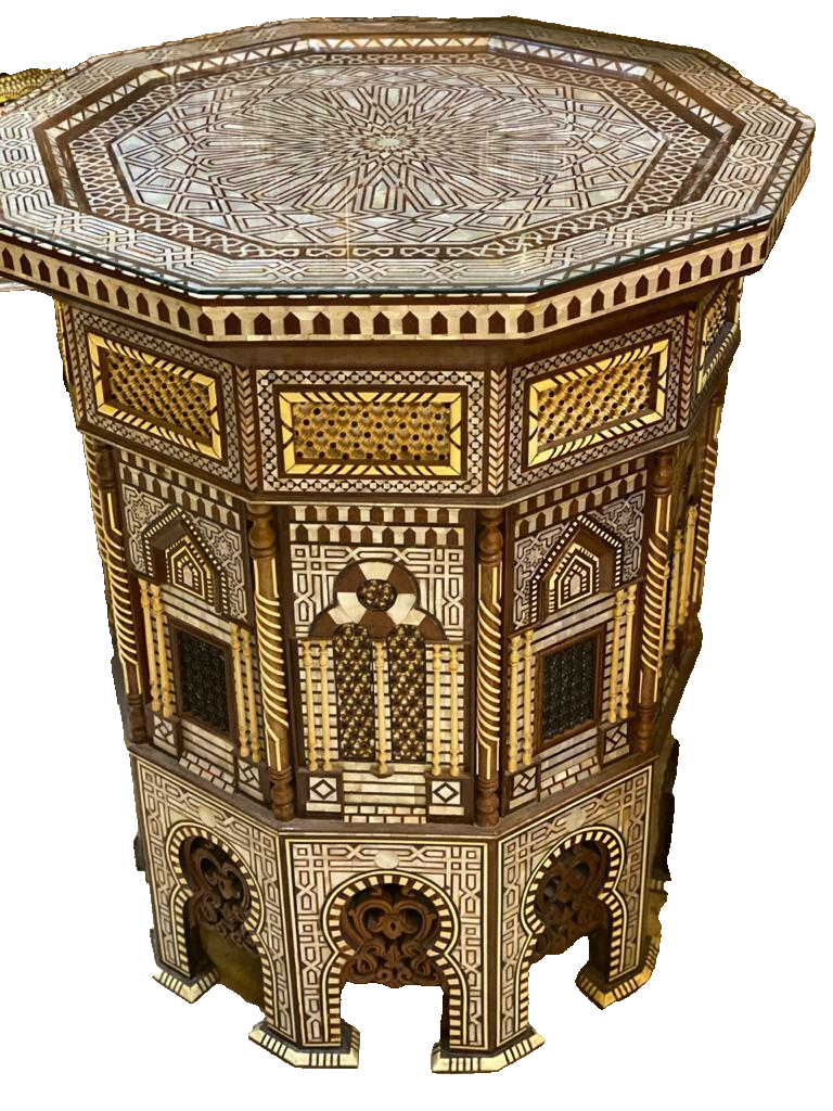 Handmade Wooden End Table Carving Wood Table Home Decor Mother of Pearl Inlay