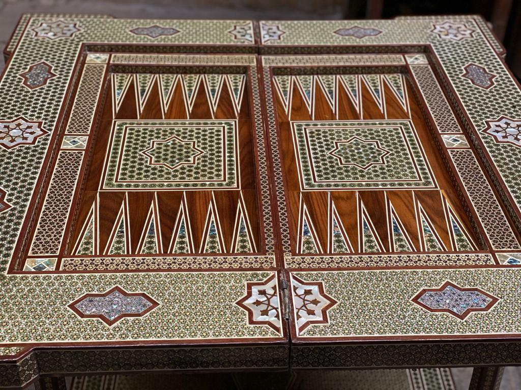 Handmade Game Table Chess Backgammon Board Mother of Pearl Inlay, Board Game