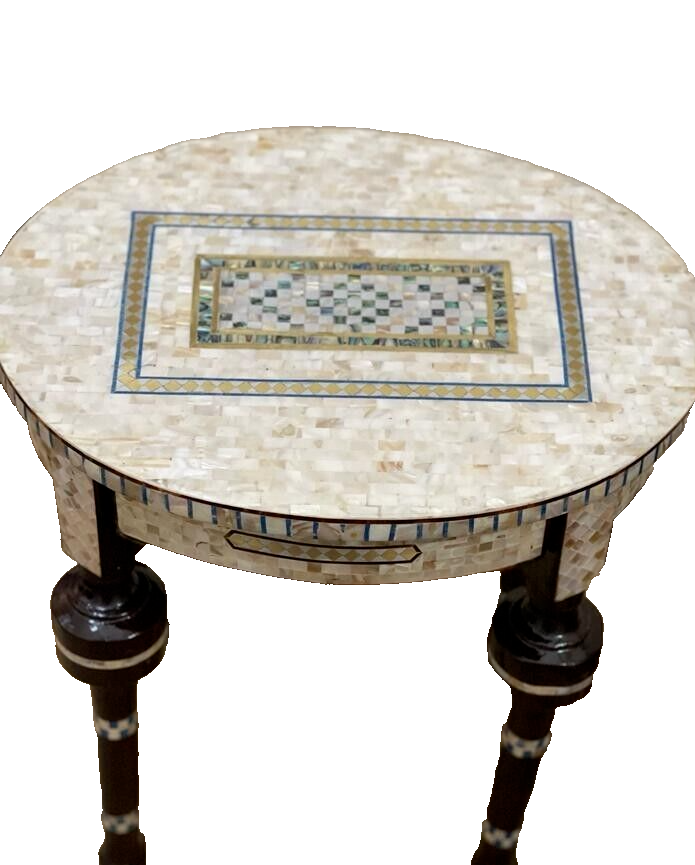 Handmade Wooden End Table Carving Wood Table Home Decor Mother of Pearl Inlay