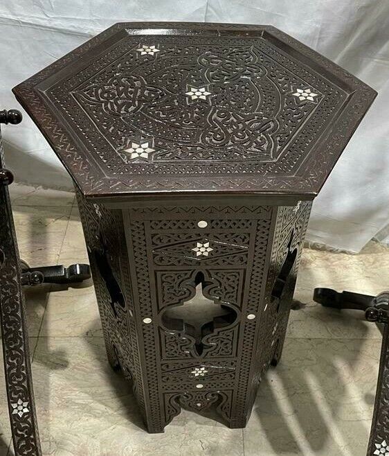 Handmade, Antique Unique Corner Set, Carved Wood, 2 Chairs, Table, Inlaid Shell