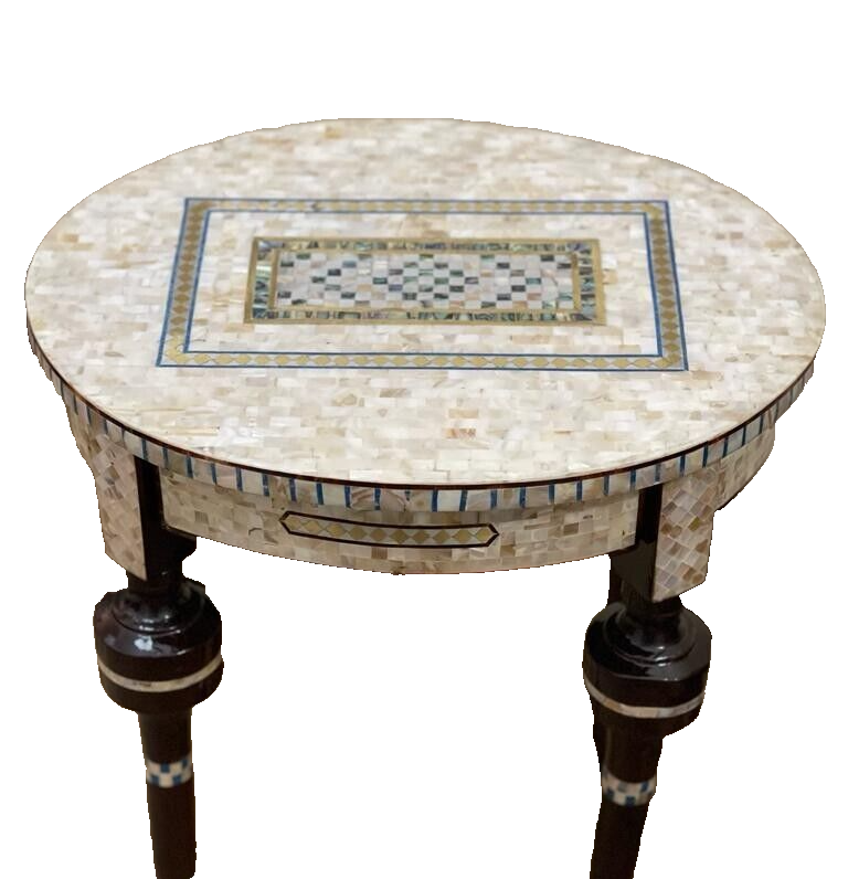 Handmade Wooden End Table Carving Wood Table Home Decor Mother of Pearl Inlay