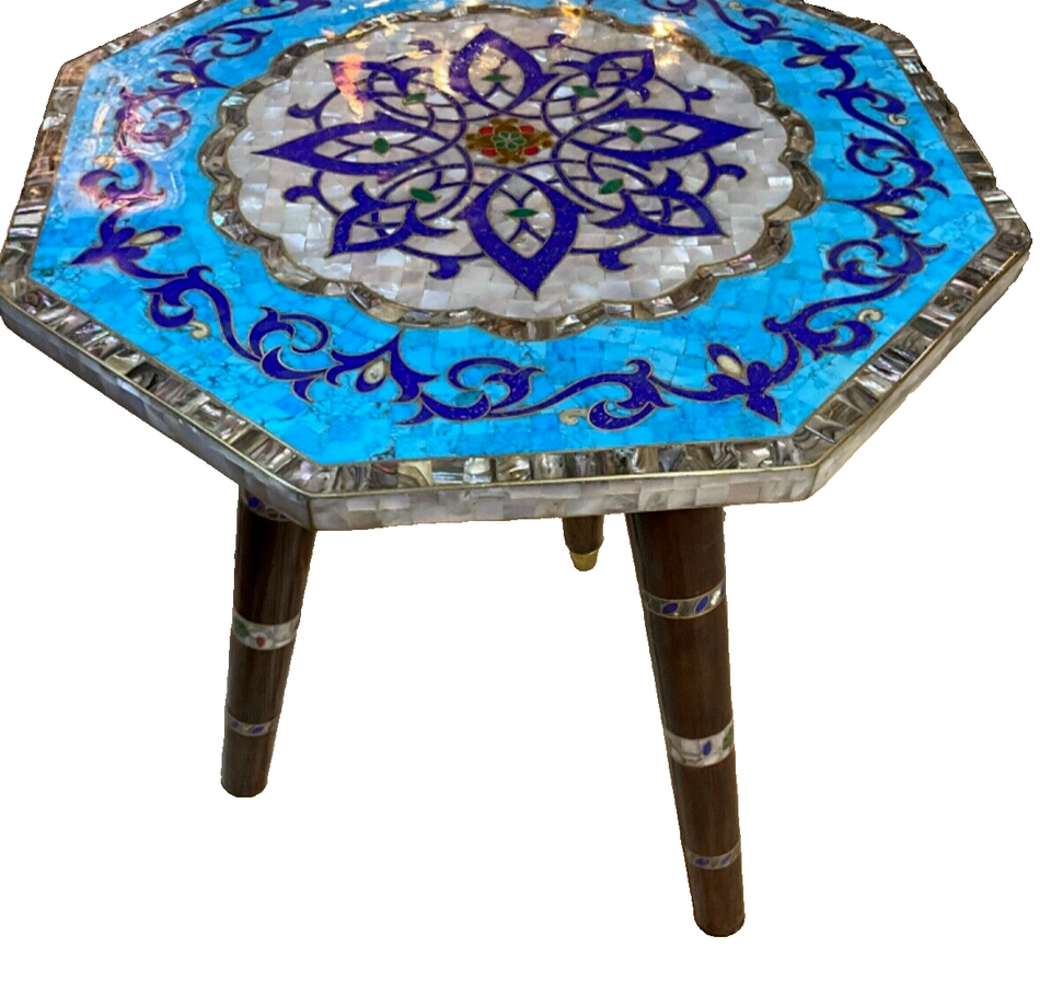 Handmade Wooden End Table Carving Wood Table Home Decor Mother of Pearl Inlay