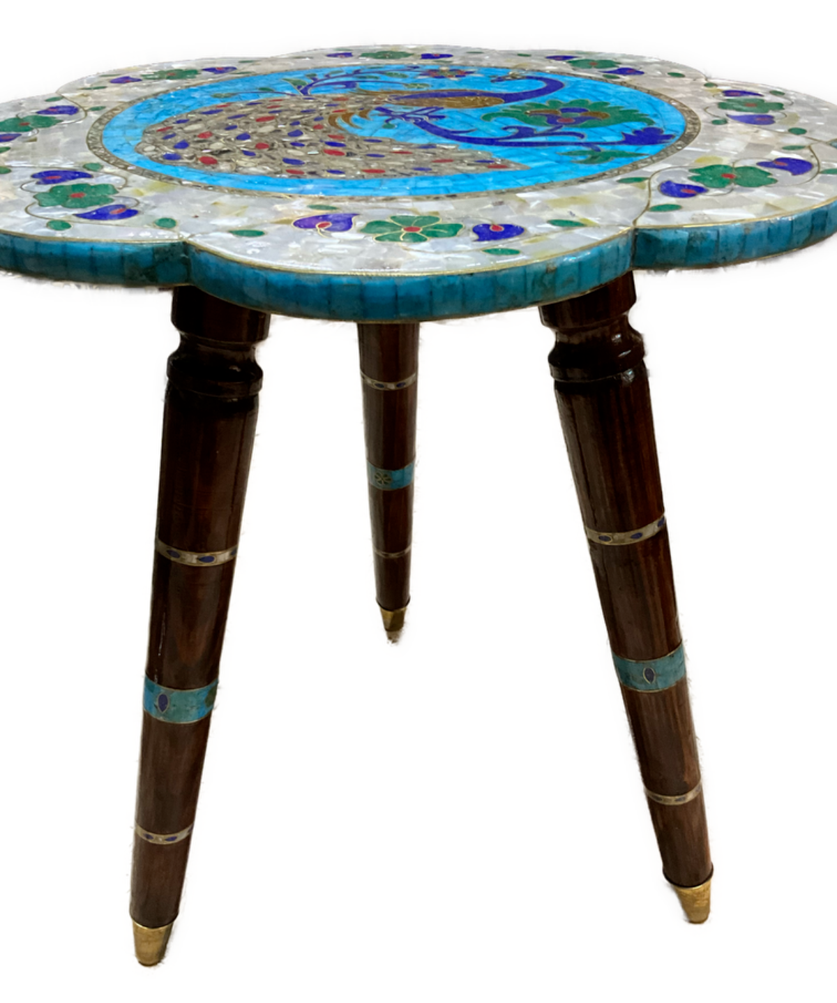 Handmade Wooden End Table Carving Wood Table Home Decor Mother of Pearl Inlay