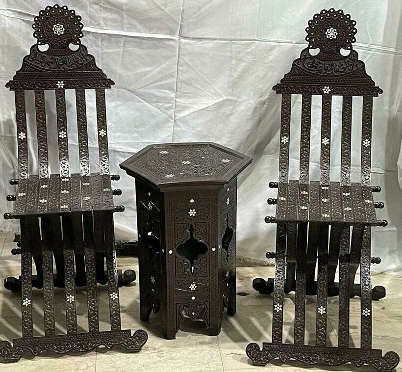 Handmade, Antique Unique Corner Set, Carved Wood, 2 Chairs, Table, Inlaid Shell