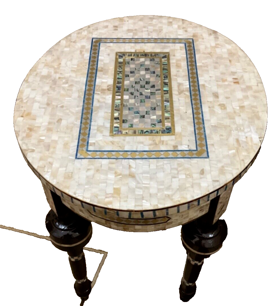 Handmade Wooden End Table Carving Wood Table Home Decor Mother of Pearl Inlay