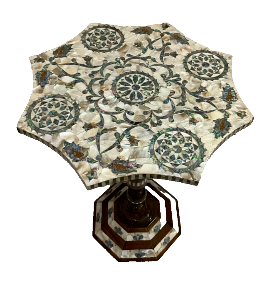 Handmade Wooden End Table Carving Wood Table Home Decor Mother of Pearl Inlay