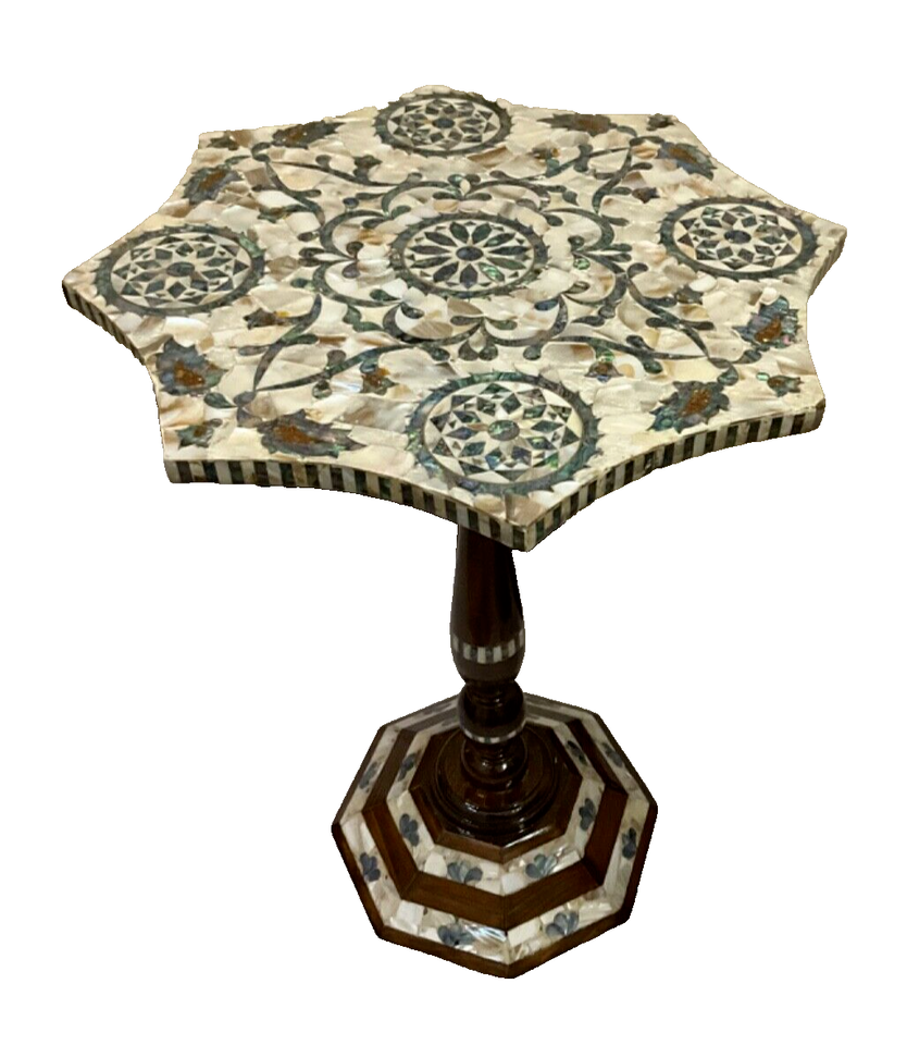 Handmade Wooden End Table Carving Wood Table Home Decor Mother of Pearl Inlay