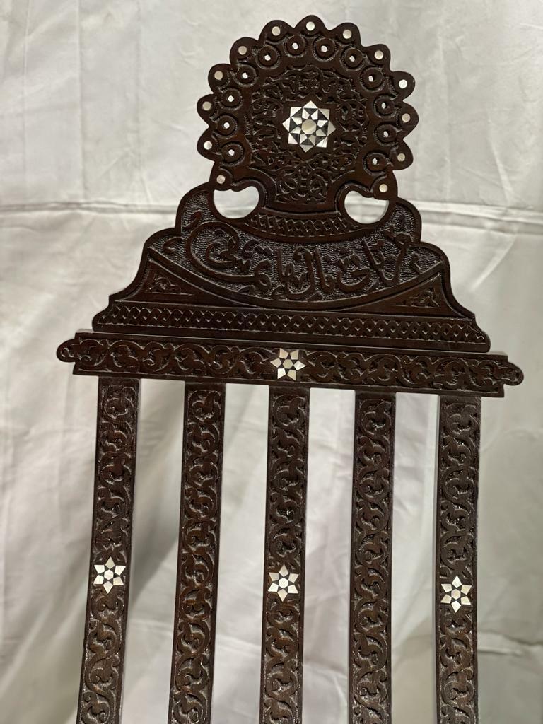 Handmade, Antique Unique Corner Set, Carved Wood, 2 Chairs, Table, Inlaid Shell