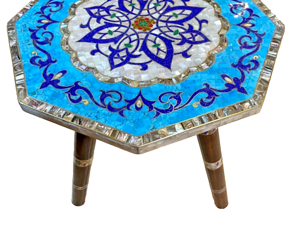 Handmade Wooden End Table Carving Wood Table Home Decor Mother of Pearl Inlay