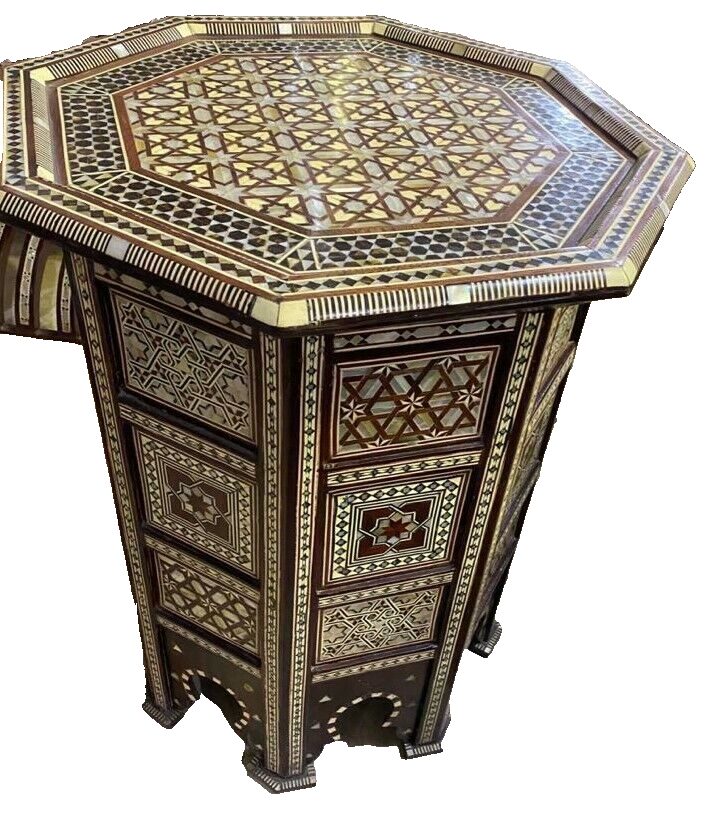 Handmade Wooden End Table Carving Wood Table Home Decor Mother of Pearl Inlay