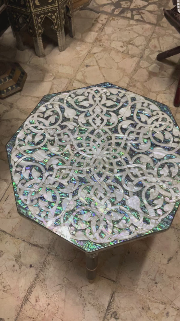 Handmade Wooden End Table Carving Wood Table Home Decor Mother of Pearl Inlay